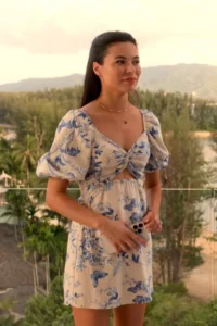 Mother of the Bride Miranda Cosgrove Blue Floral Sleeve Cut Out Mini Dress