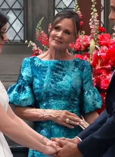 General Hospital Lynn Herring blue puff-sleeve jacquard dress
