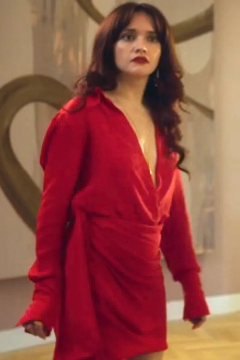 The Girlfriend Olivia Cooke Red Draped Shirt Dress
