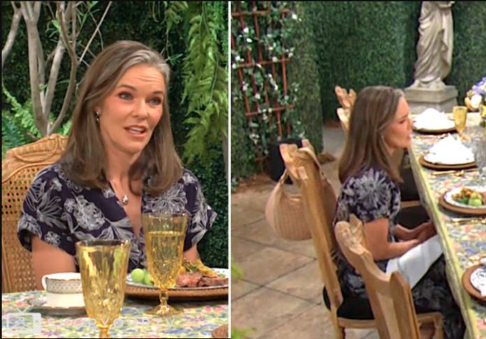 The Young and the Restless Susan Walters blue floral Dress and woven bag